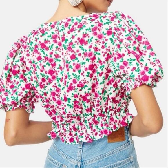 NWOT For Love & Lemons Petal Floral Puff Sleeve Tie Front Blouse Pink Green XS - Picture 3 of 8